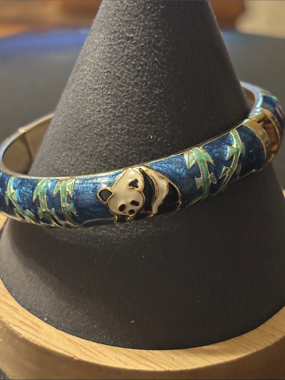Vintage Blue Enamel Panda Bamboo Bangle with Gold Accents